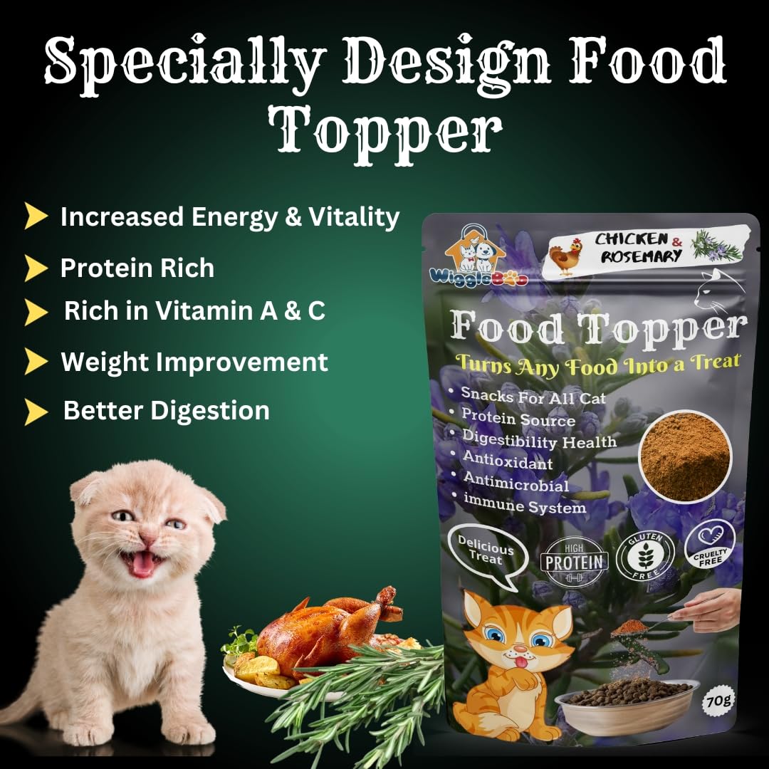 WiggleBoo Magical Cat Food Topper || Joy of Best Taste || Chicken & Rose Mary Flavour || Grain Free & Protein Rich || Anti Oxident || 70g, All Life Stages, Powder 2