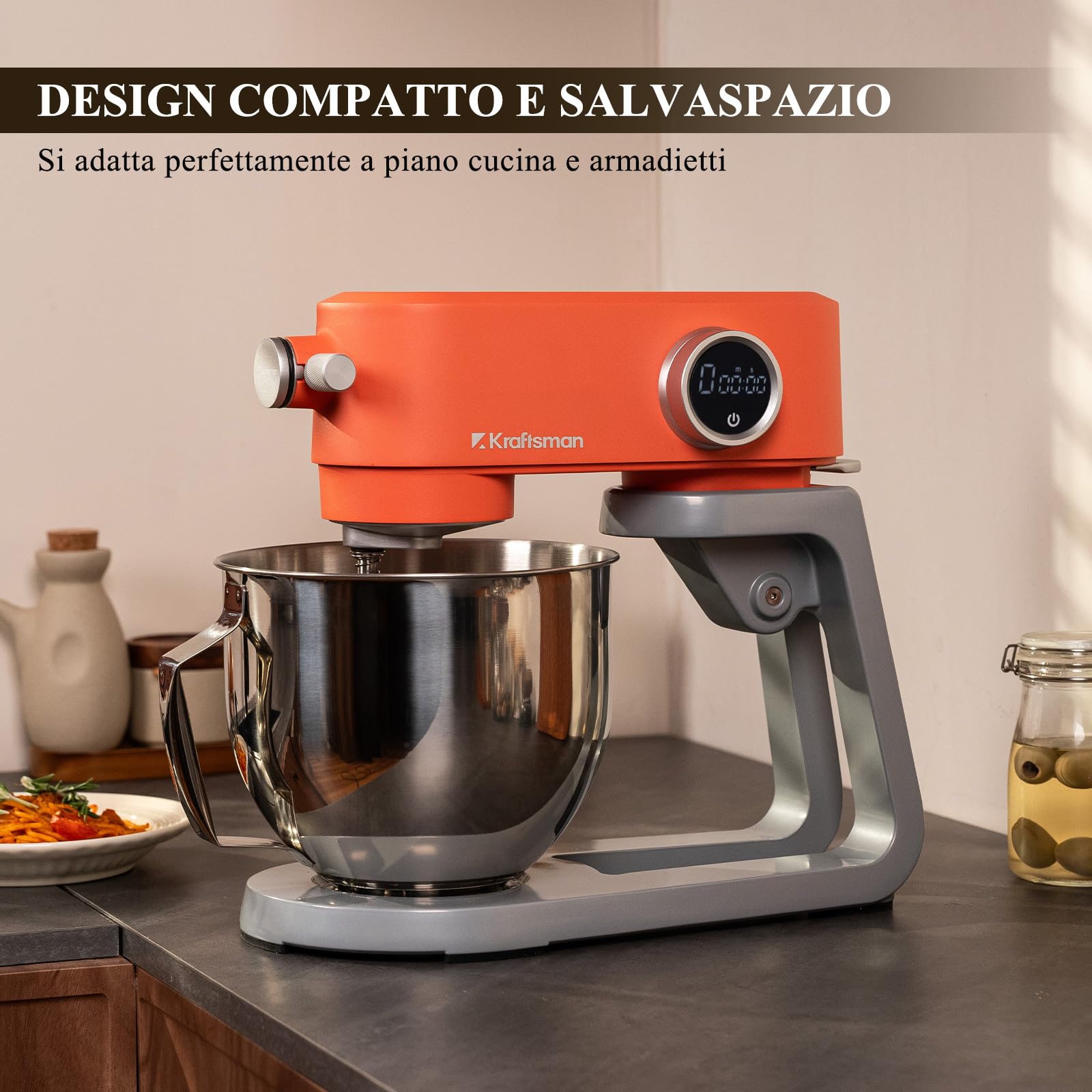 Impastatrice Planetaria Kraftsman in Metallo, 5L Robot da Cucina Multifunzione, 800W, 8 Velocità con Timer, Impastatrice Professionale con 4 Fruste in Acciaio Inox, Ideale per Impasti Duri (Arancione)