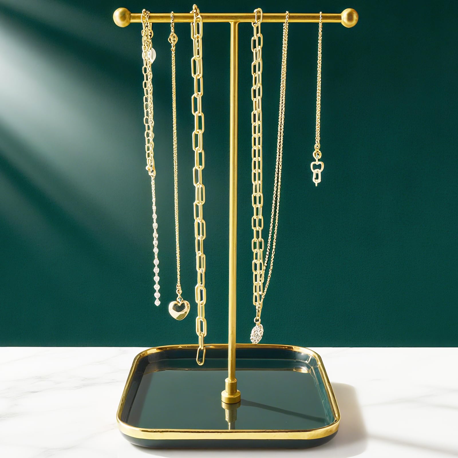 Hqshny Women's Elegant Green Jewellery Stand Holder - Ceramic Base Square (6 Inches/15Cm Side Length), 1Ft/30Cm Height Necklace Organiser, Jewelry Display For Necklace, Bracelets, Rings, Earring, And Pendants-Elegan Green