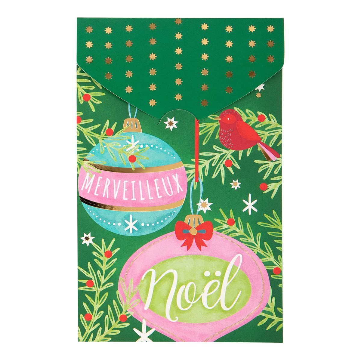 DRAEGER Paris | Wonderful Christmas Greetings Card Green | Christmas Baubles | End of Year Eve | Hot Gold Finish | 10.5 x 17 cm | Made in England | Envelope Included | FSC® Paper