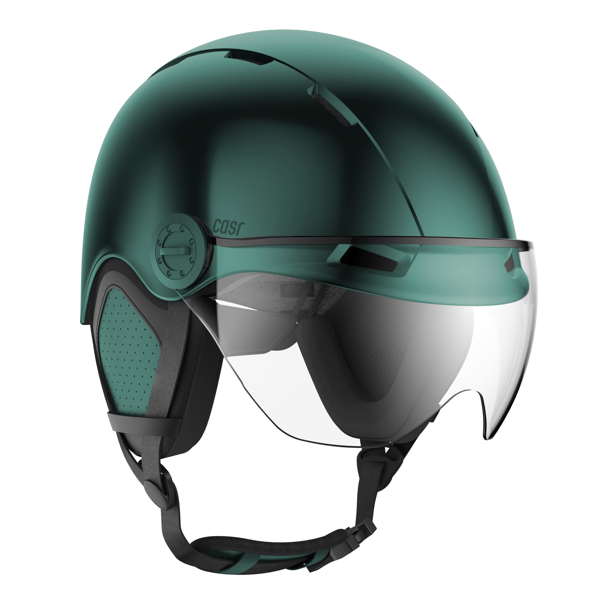 CASR Style - Casque Lifestyle Urbain pour Vélo & Trottinette Electrique - Visière Transparente & Cache-Oreille Amovibles - Confort Optimal pour Homme & Femme - Vert Métallisé - Taille M