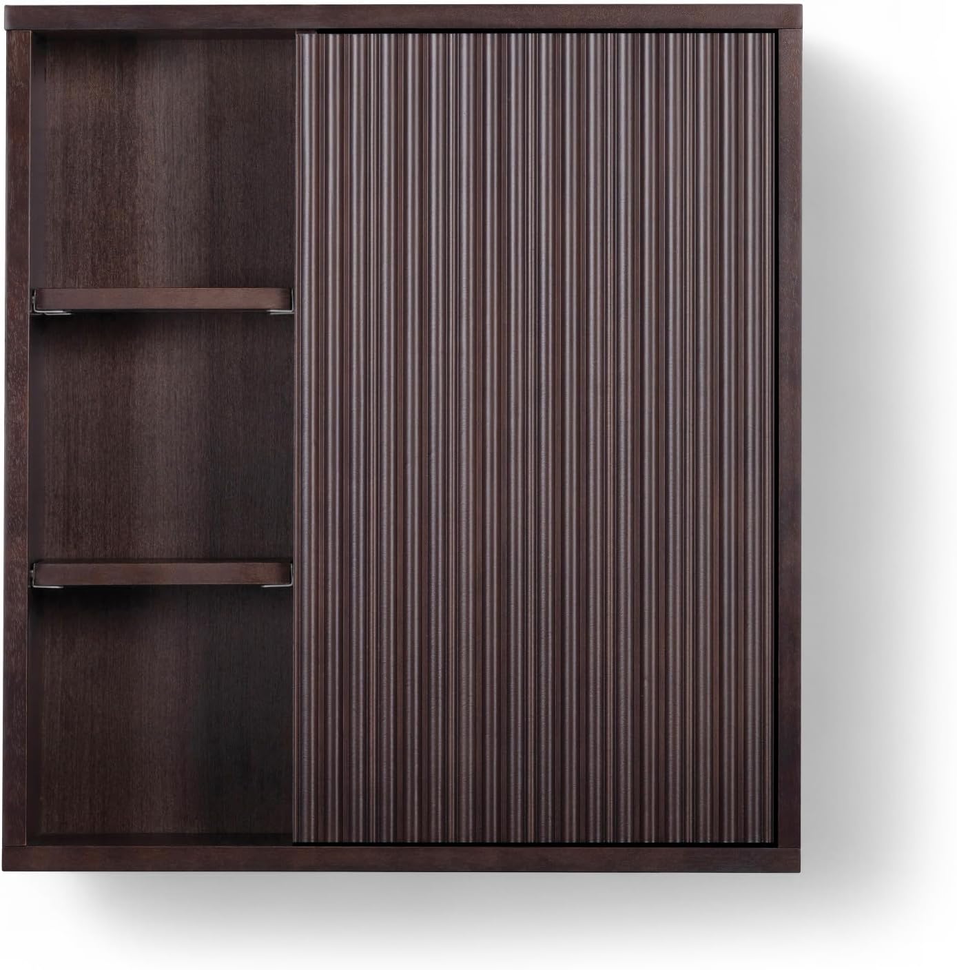 Teamson Home 22″ Wide Bathroom Wall Cabinet with Open Compartments & 1 Door with Fixed Interior Shelf, Wall Mounted Medicine Cabinet with Wooden Bracket for Mounting, Natural Fluted Finish in Espresso