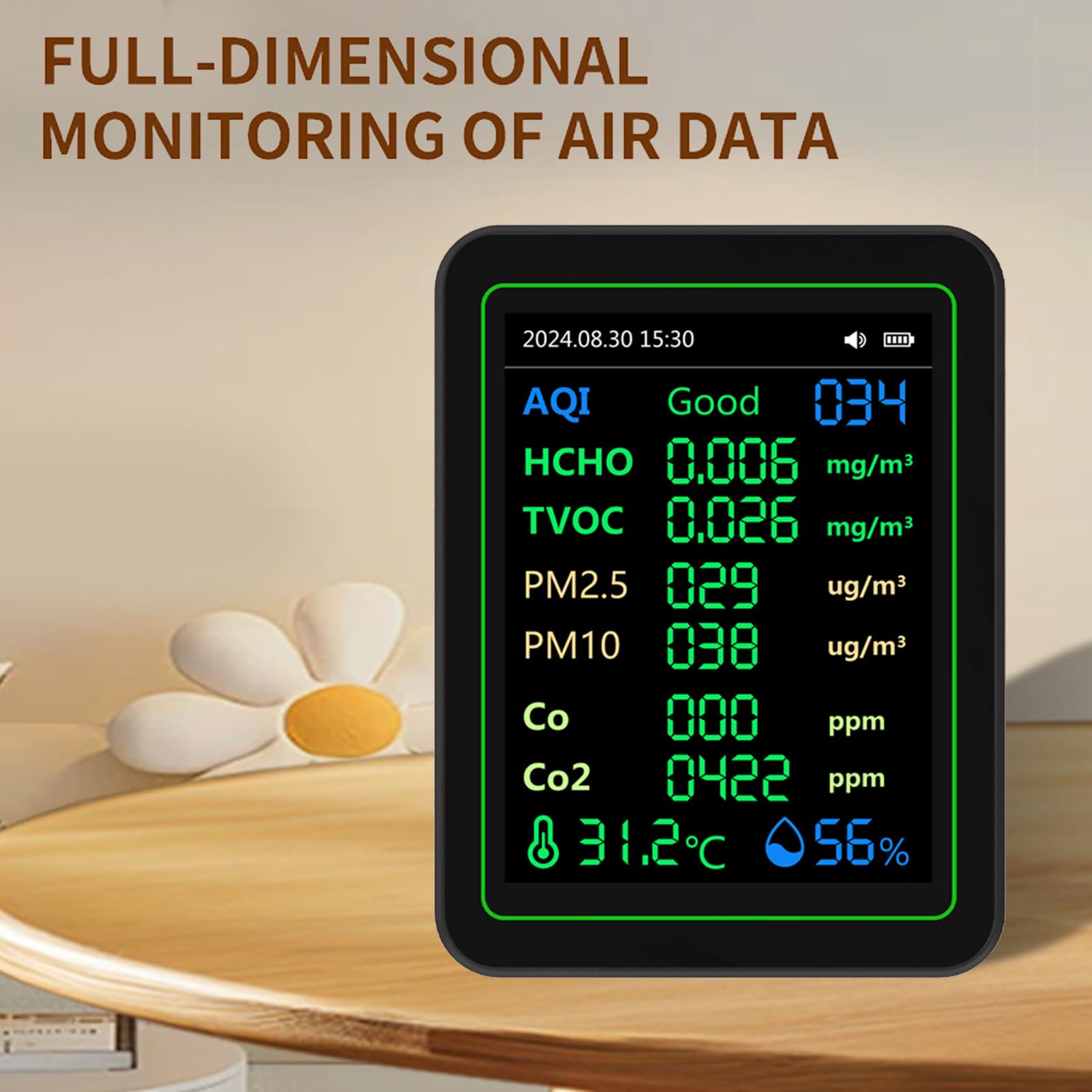 Tester qualità Aria, Rilevatore di umidità Temperatura CO2 HCHO TVOC PM2.5 PM10 con Schermo e Confronto HCHO, per il Monitoraggio della qualità Aria Interna Uffici Domestici (BLACK)