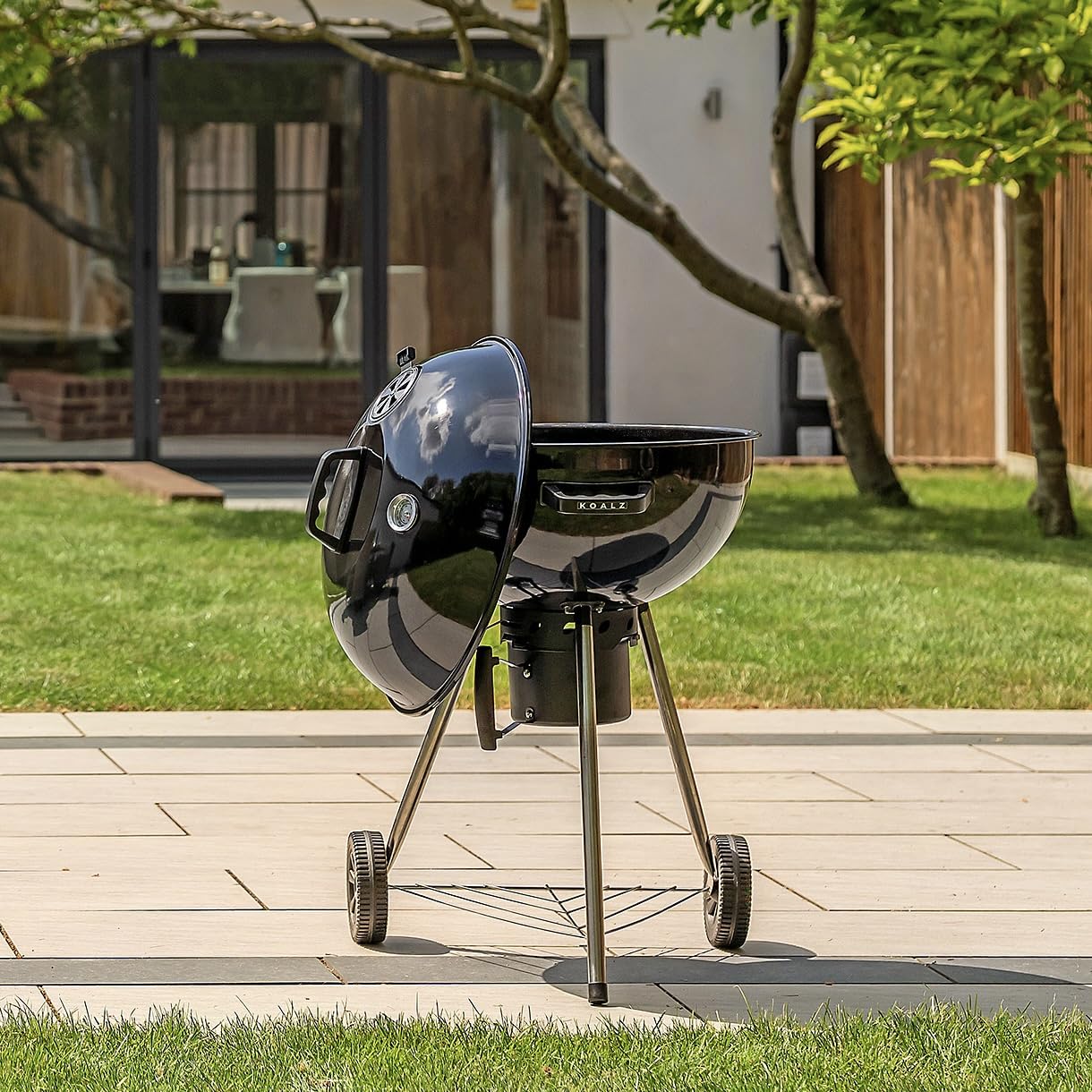 KOALZ Premium Charcoal BBQ 22.5" | Portable Kettle Enamel Barbecue | Temperature Gauge | Airflow Vents | Extra Large Wheels | Removable Ash Catcher | Storage Shelf | Large Cooking Grill | Black