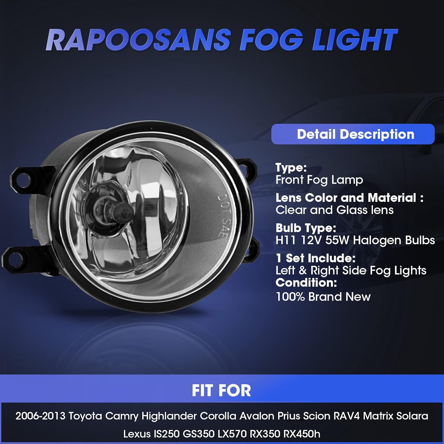 Driving Fog Lights Lamps Assembly Kit for 07-14 Toyota Camry/08-10 Highlander/09-13 Corolla/10-11 Prius/08-11 Lexus LX570/10-13 RX350 Fog Light Replacement with Halogen Bulbs-1 Pair