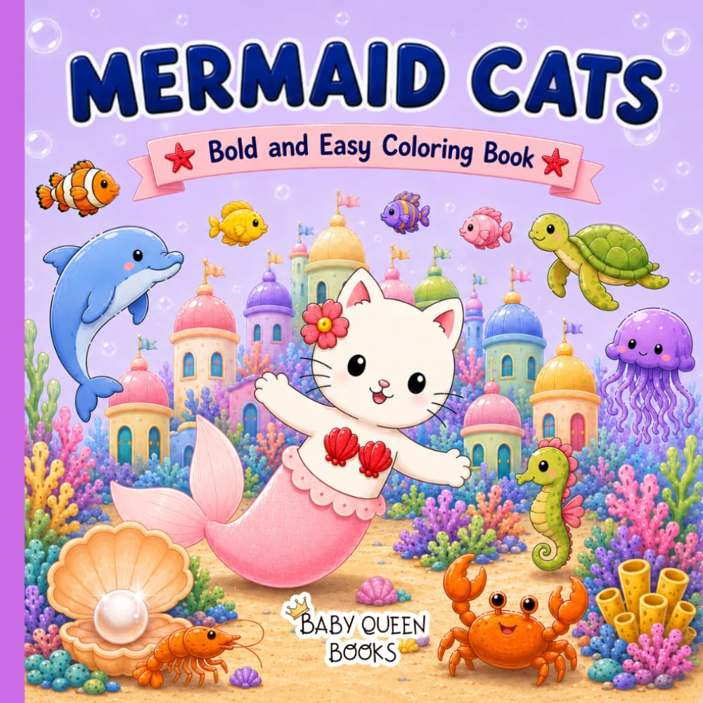 Bold and Easy Mermaid Cats Coloring Book Vol 1: Simple and Cute Undersea World Coloring Pages for Kids, Teens and Adults (Cozy Kawaii Purrmaids)