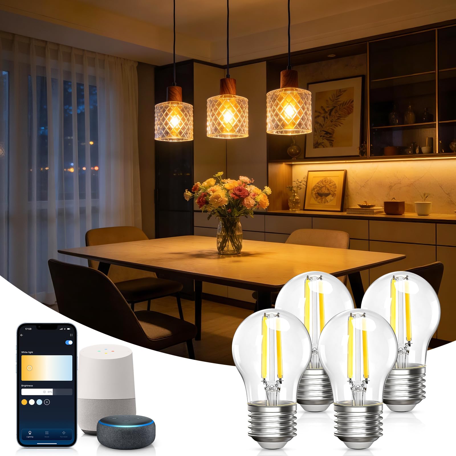 Aigostar Lampadine Alexa, Lampadine Led E27 Vintage, G45 Transparente Lampadine Filamento a Globo, 4.5W, 470LM, Bianco Caldo Dimmerabile 2700K - 6500K, Compatibile con Alexa e Google Home, 4 Unità