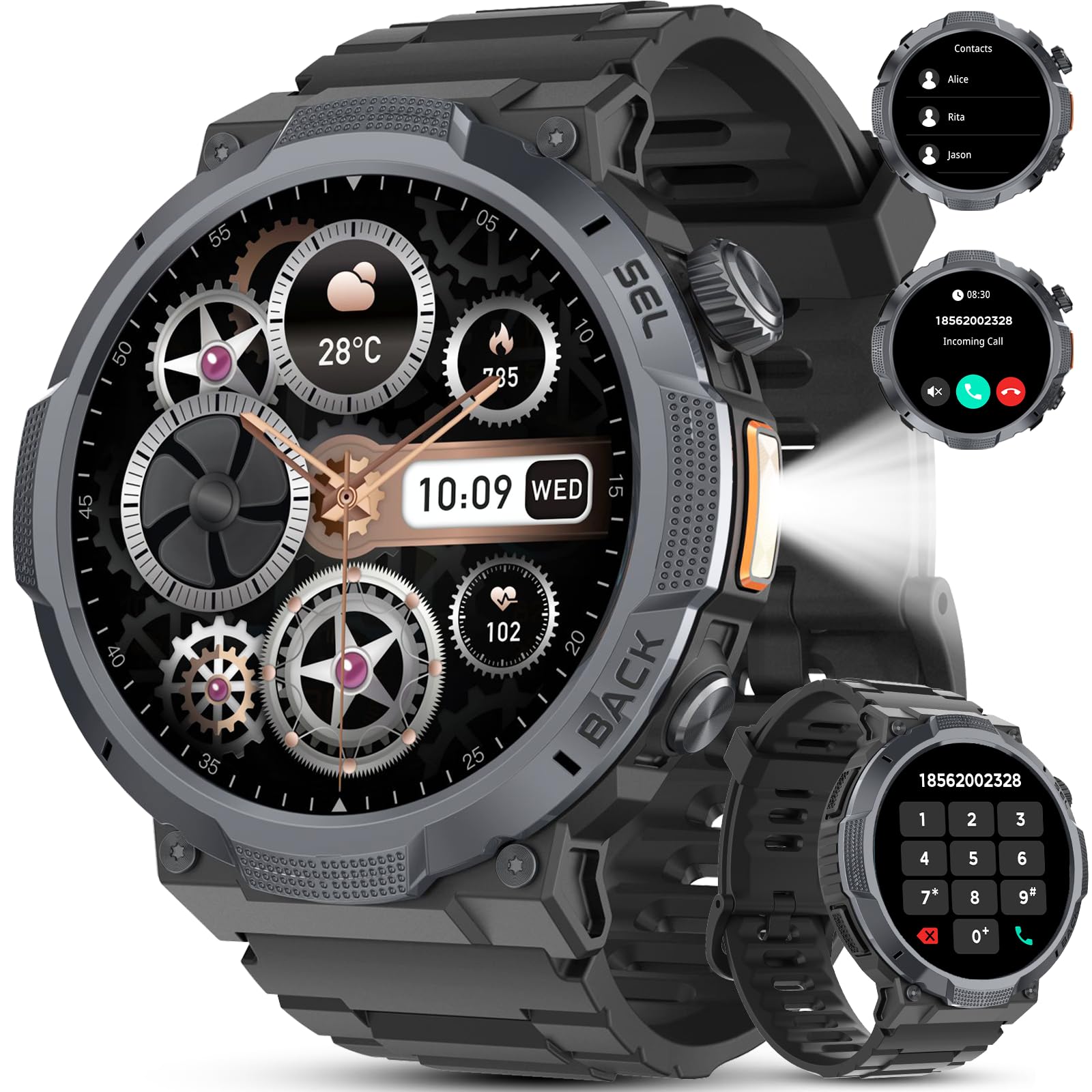 Men's Smart Watch, AMOLED Screen 1.53", Battery Life 30 Days, Men's Military Watch with Bluetooth Calls, Heart Rate/Sleep Monitoring, IP68 Waterproof, More than 110 Sports Modes