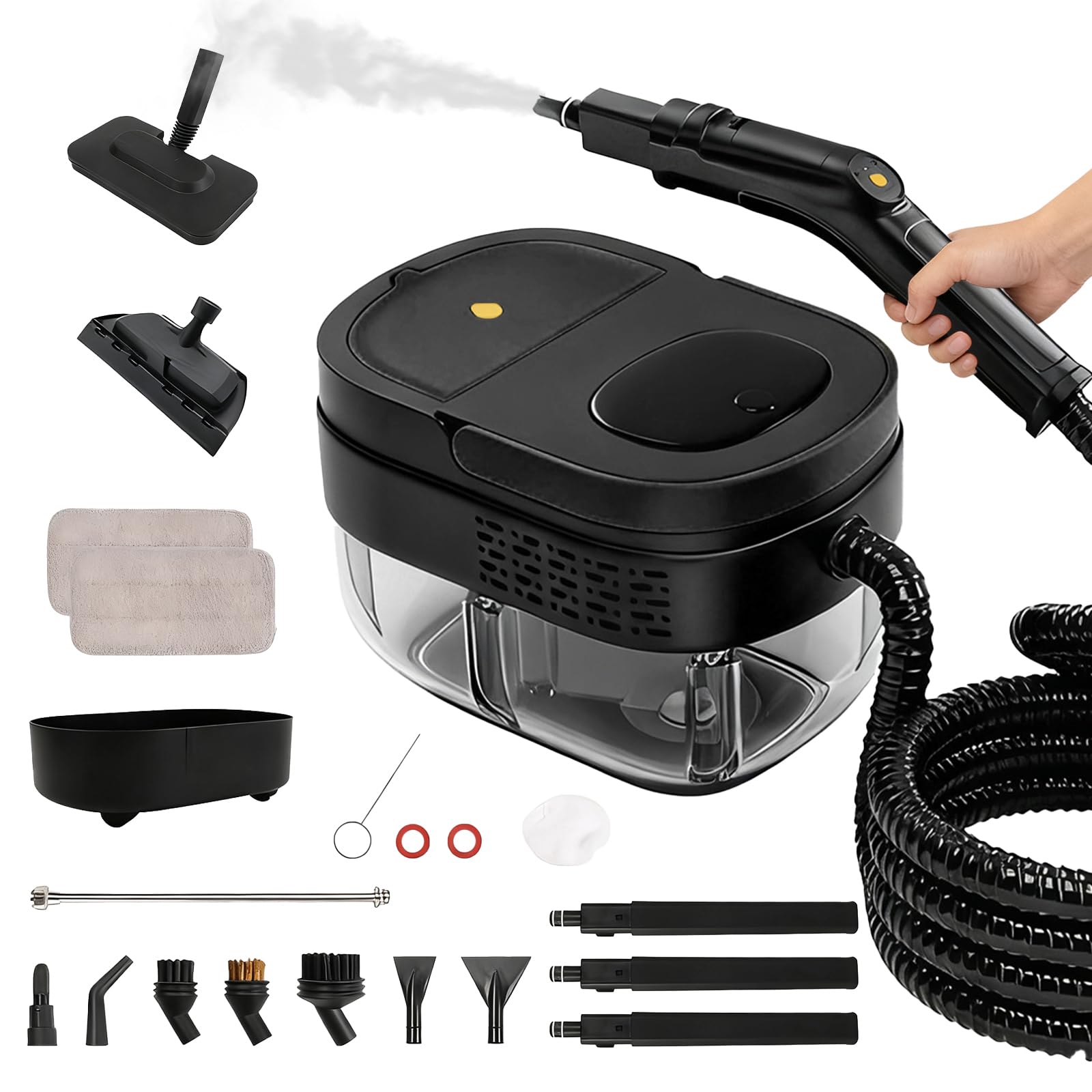 Limpiador a Vapor Portátil, 2500W Potente Limpiador a Vapor para el Hogar, 3 Velocidades Ajustables,17 Accesorios, Depósito de Agua de 1600 ml, Presión de 4 Bar, para Cocina, Ventanas, Pisos, Autos