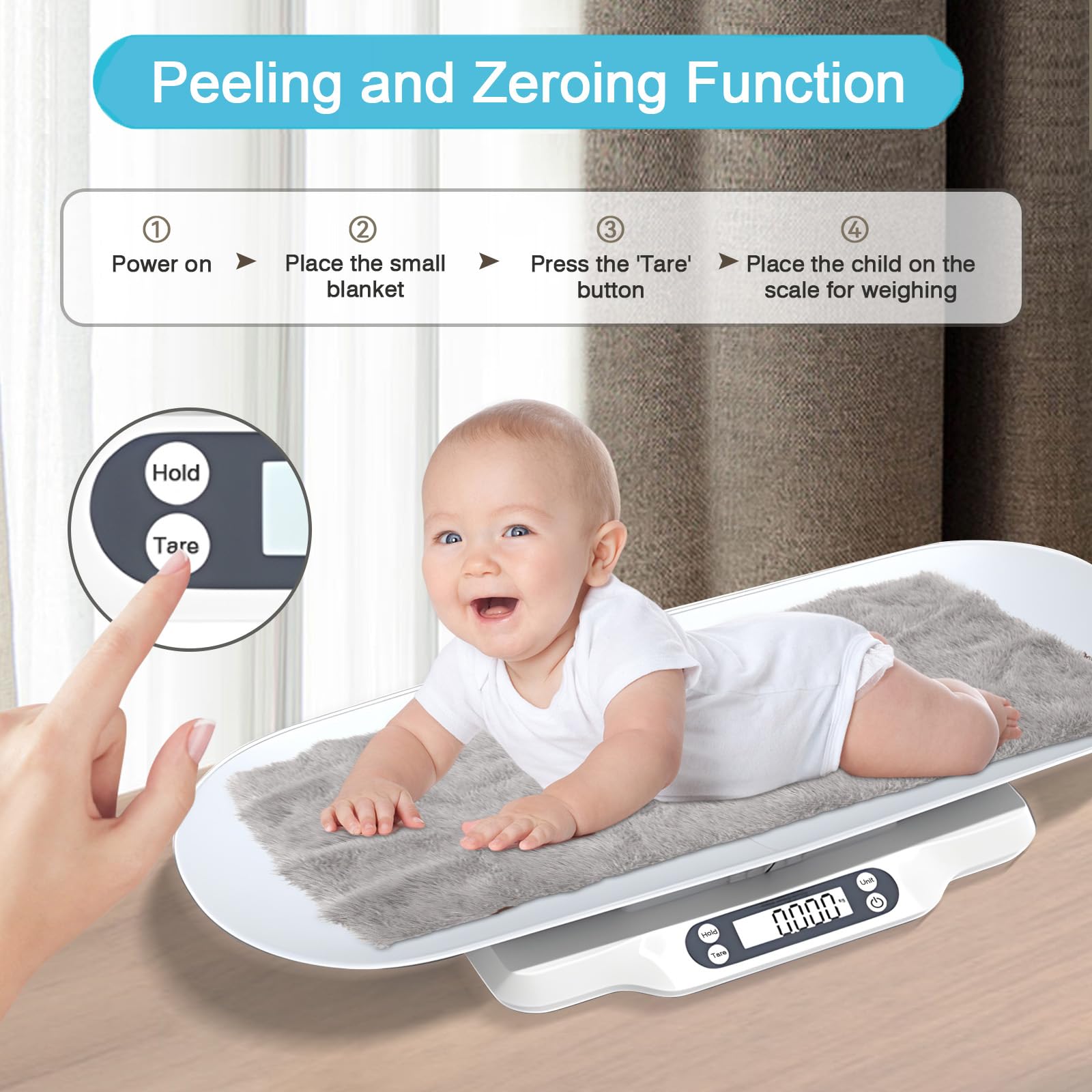 Balance Bébé Numérique 30kg 70cm avec Plateau Amovible, Fonction Hold, Tare, écran LED