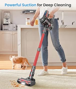 CHEBIO Lightweight Cordless Vacuum Cleaners for Home, Stick Vacuum Cordless Rechargeable with 45kPa Suction,45-Min Run,Anti-Tangle and Self-Stand, 6 in 1 Hardwood Vacuum Cleaner (red)
