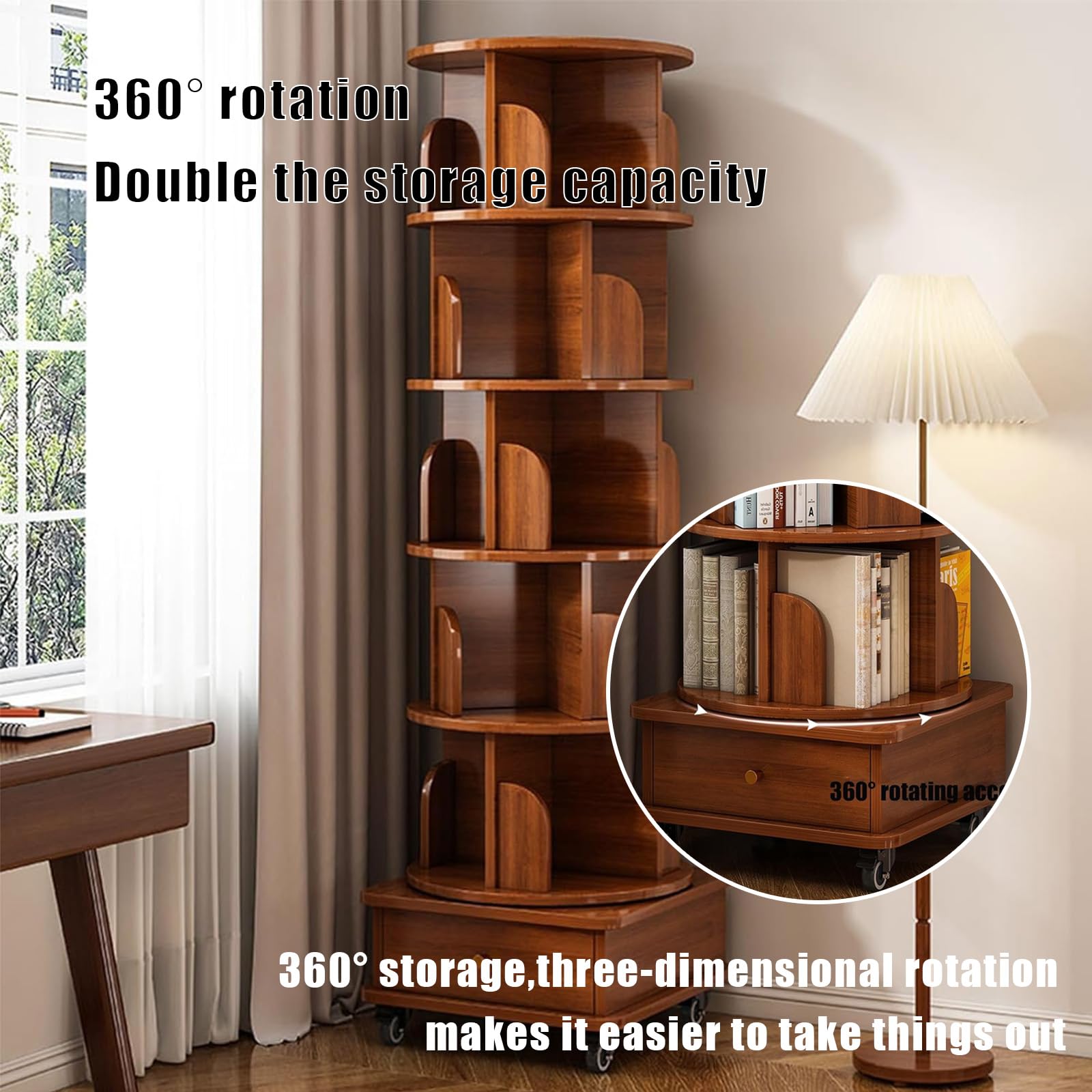 Amazon.com: Anwick 6 Tier Rotating Bookshelf with Drawer, 360