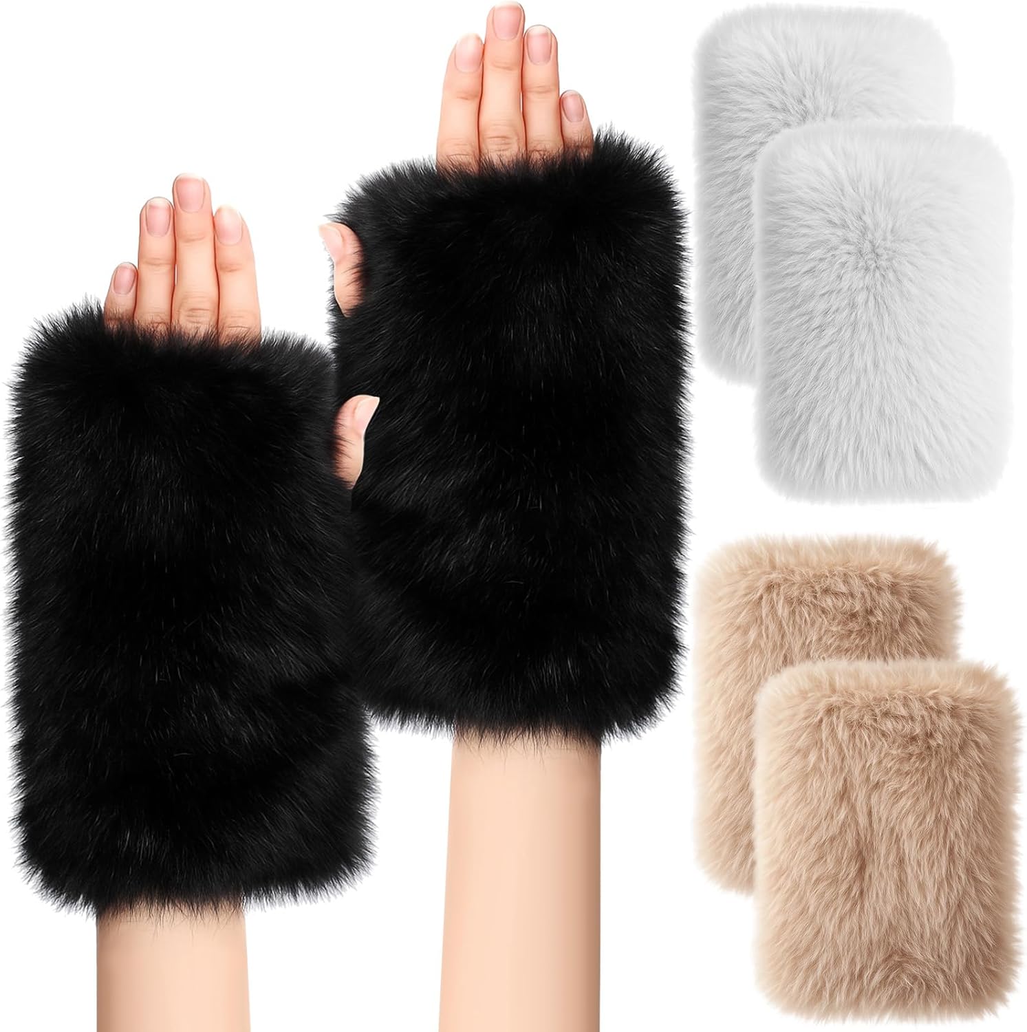 Skicuff Women Fingerless Faux Fur Gloves Plush Furry Mittens Soft Fluffy Winter Half Finger Arm Warmer Cold Weather