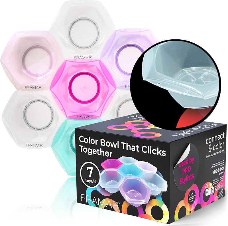 FRAMAR Connecting Hair Dye Bowl Set, Hair Color Bowls For Hairstylist – 7Pc | Salon Color Bowls, No More Spilled Color, Avoids Bowls Tipping, Non-Slip Rubberized Base