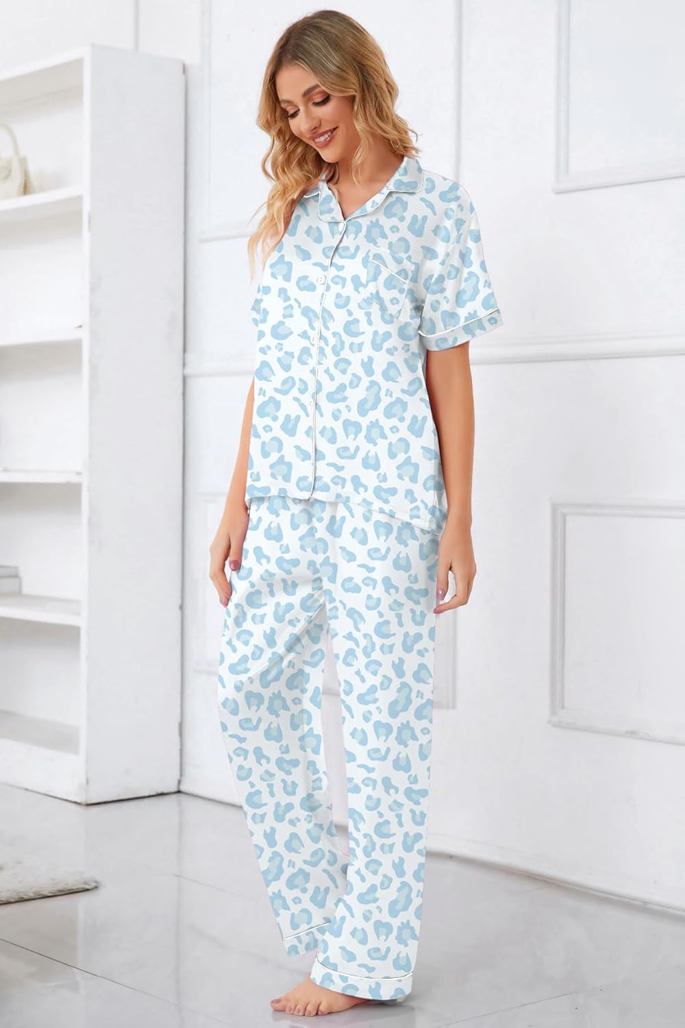 Umeyda Girls Pajamas, Satin Pjs Silk Sleepwear Comfy Family Matching 2Pcs Lightweight Loungewear Gift for Teen Kids, Blue Leopard, 13-14 Years = Tag 170 - Image 5