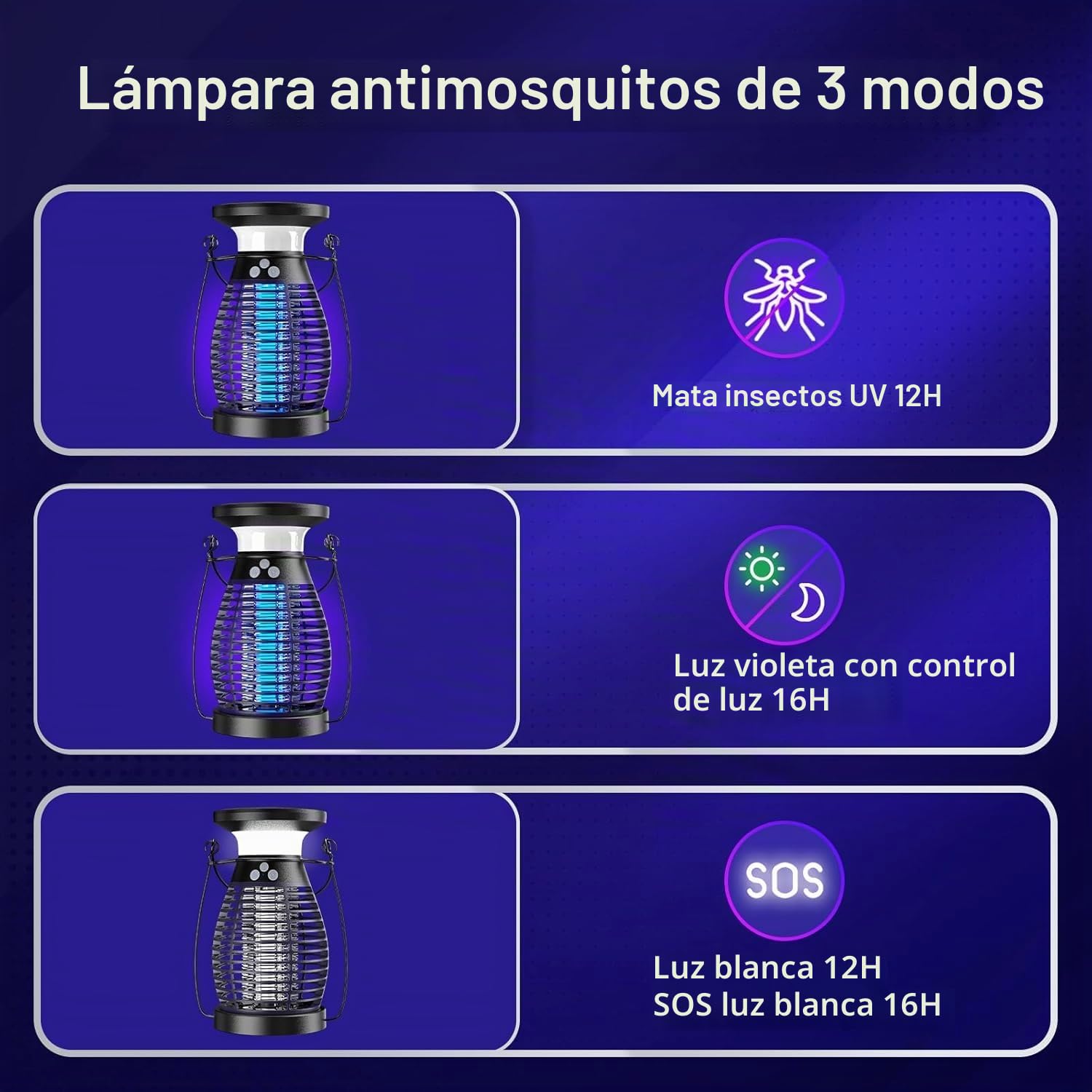 Solar Lampara Antimosquitos, 3 IN 1 UV Mata Mosquitos Electrico, 4200V USB Recargable Lampara Mosquitos IP66 Impermeable Trampa Moscas para Oficina Dormitorio Cocina Jardín Camping (Morado)