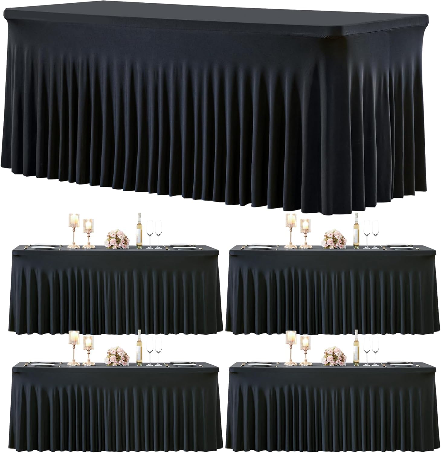 HB HBB MAGIC 4 Mantel de Falda de Spandex Negro para mesas rectangulares de 1,8 m, Mantel Negro elástico sin Arrugas, Falda de Mesa Plisada para Fiestas, Bodas de cumpleaños, duchas de bebés
