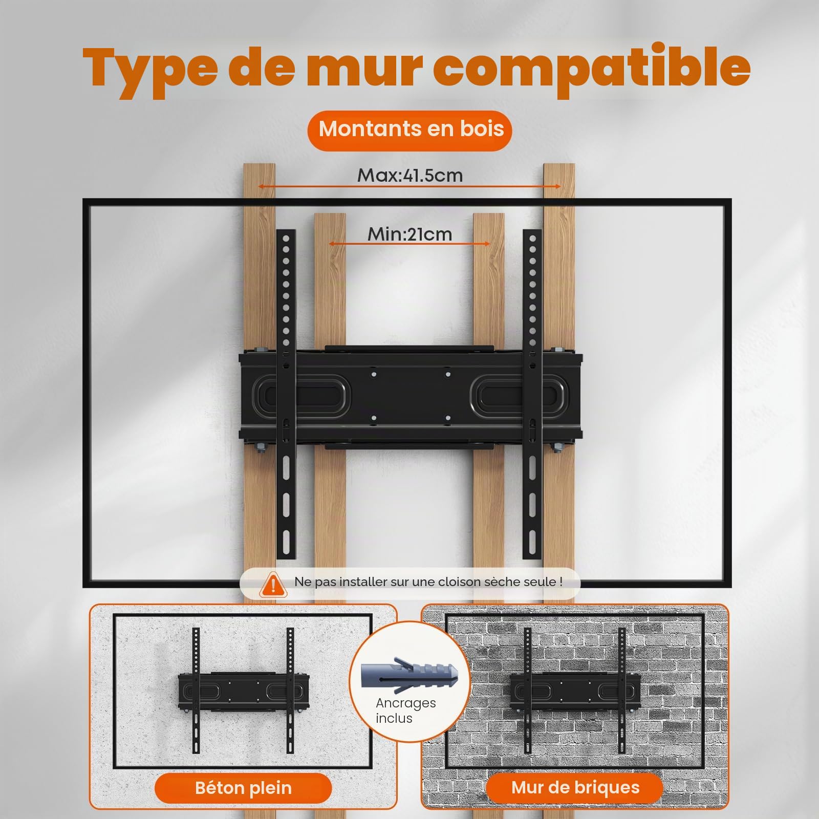Support Mural TV, Support TV Mural Orientable et Inclinable pour Téléviseurs 32-70 Pouces jusqu'à 50kg, Fixation Murale TV pour Écrans Plats LCD LED, VESA Max 400x400mm