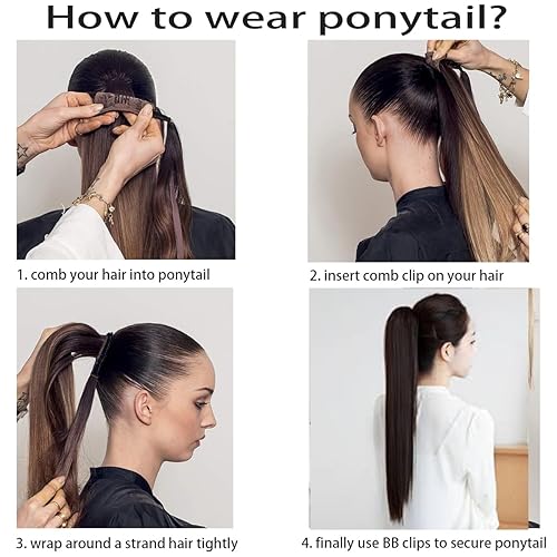 Miniatura 6 de Extensión de cola de caballo larga y recta con clip, extensión de cola de caballo sintética envolvente, extensiones de cabello con clip en cola de