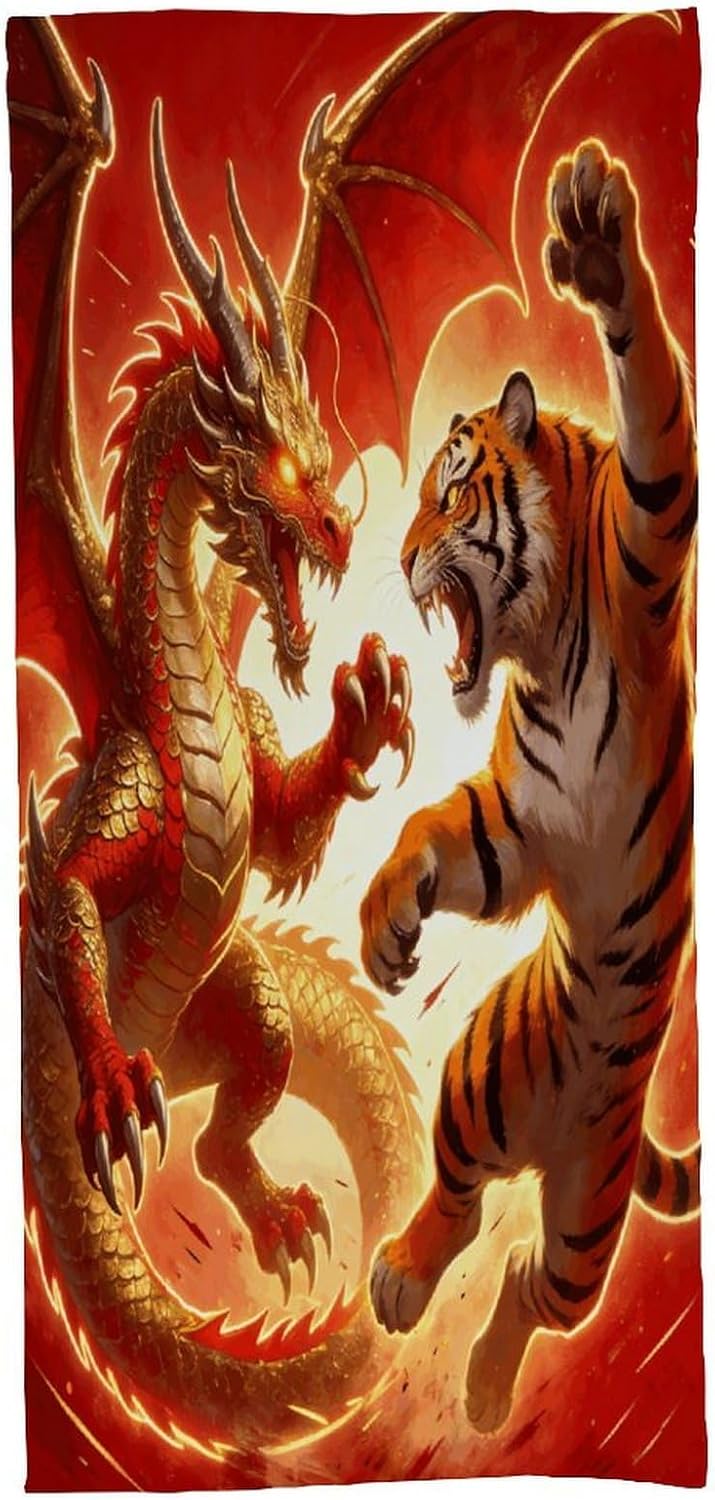 Dragon Versus Tiger Bath Towel, Highly Absorbent & Quick Drying Beach Towel, Compact & Lightweight Pool Towel for Bathroom, Beach, Pool, Gym, Spa, and Hotel Use