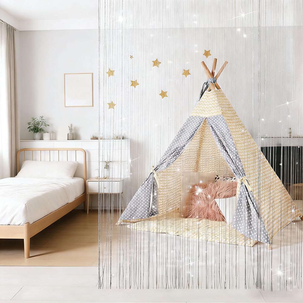 4 tende a fili per porta, con glitter, 100 x 200 cm, per porta a fili, per balcone, camera con frange, adatta per matrimoni, caffè (grigio argento)