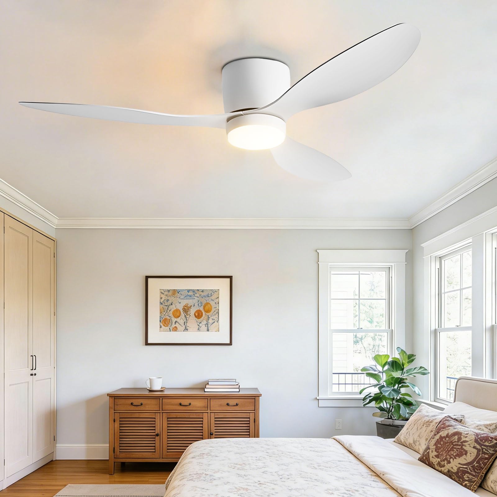 HXYSXHJUO Indoor Quiet 52in Ceiling Fan with Light 18W LED Lighting Remote 5 Speed Fans, 3 ABS Blades for Living Room Dining Bedroom Office