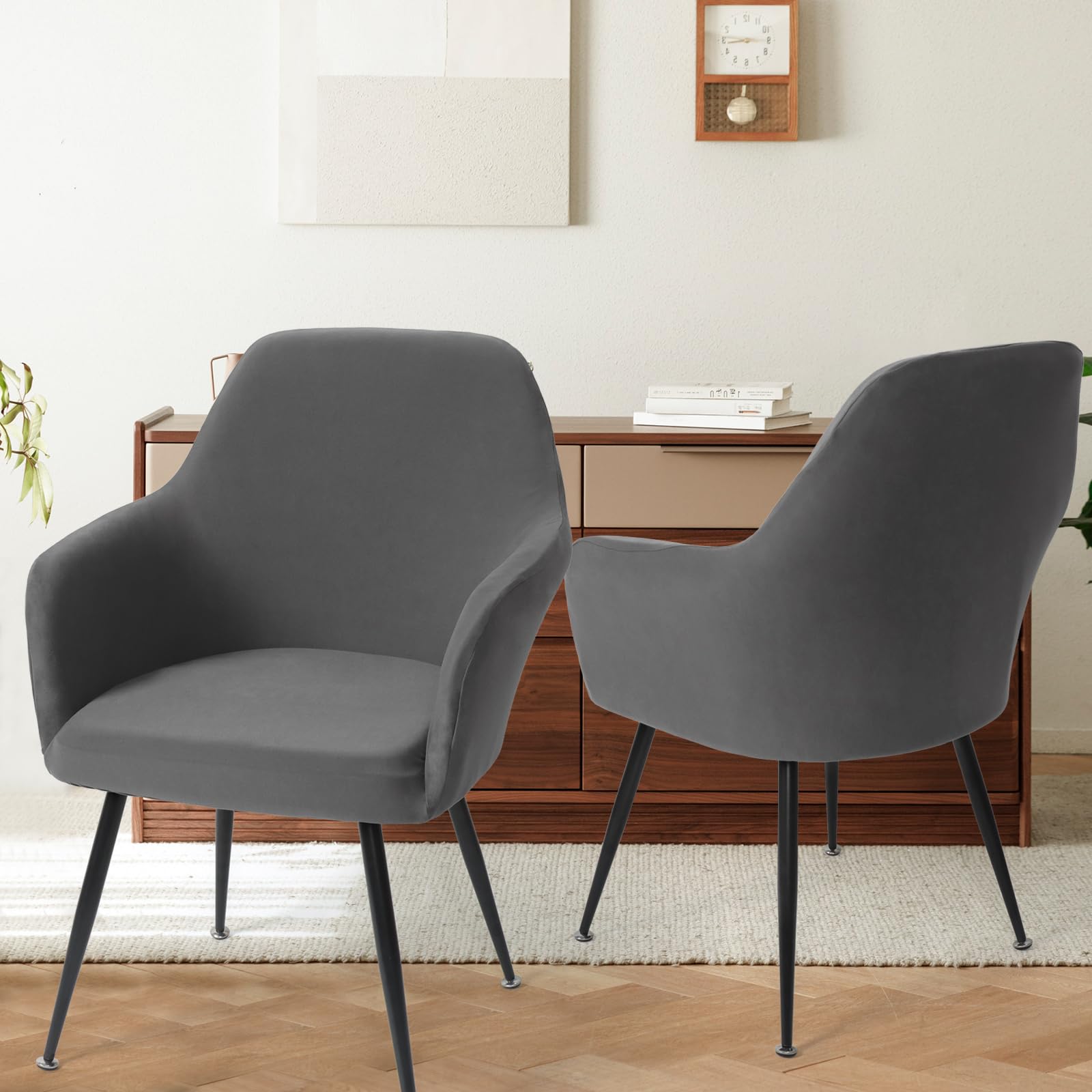 Housse de Chaise Extensible Lot de 4 Housses de Chaise de Salle à Manger avec Accoudoirs Housse Chaise Bureau Amovible Lavable Protection Chaise pour Salon Cuisine Hôtel (Gris, 4PCS)