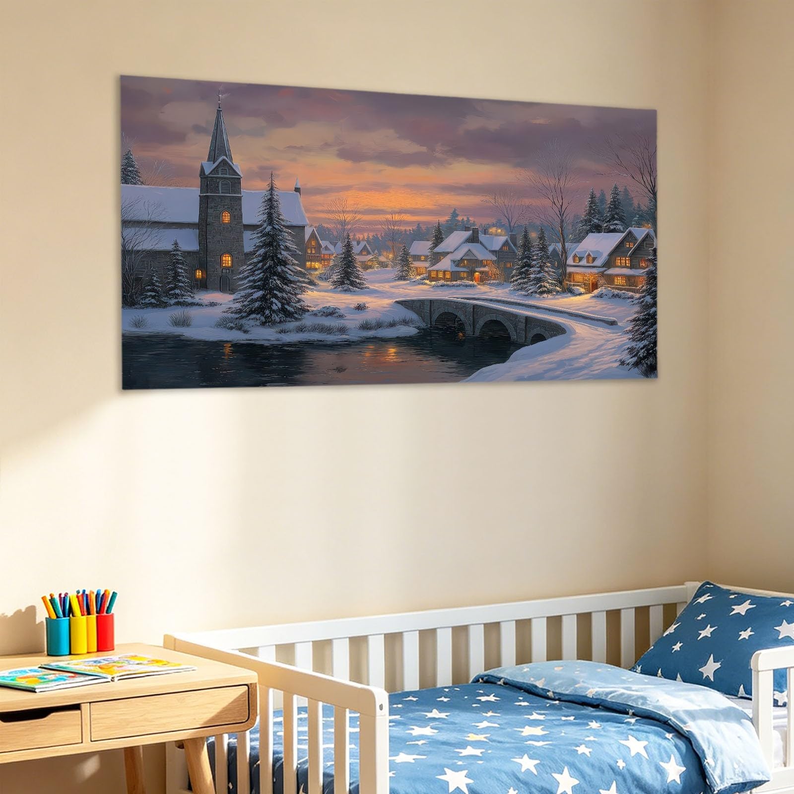 Deco Cadre Décoration Salon Ville sous la neige Impression sur Toile 100L x 75W cm Image Tableau Decoration Murale Chambre Cuisine Église d'Hiver Horizontal Art Wall Tableaux Decoratifs Muraux