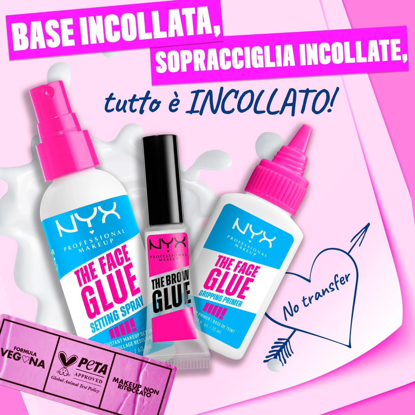 NYX Professional Makeup The Face Glue Setting Spray Fissante Trucco No Transfer Waterproof da 60ml + Gripping Primer Base Trucco Idratante da 35ml + The Brow Glue Gel Sopracciglia da 5ml - Set da 3