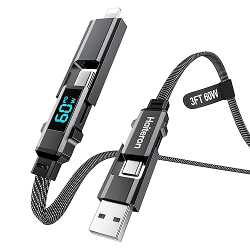 Cable de carga 4 en 1 de 3 pies, 240 W USB C a USB C, cable de carga rápida trenzado plano para iPhone, cable de carga USB AC a CL con pantalla LED,