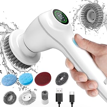 COO Electric Spin Scrubber, Cordless Cleaning Brush Scrubber, Home Power Scrubber for Cleaning Bathroom Kitchen, Cleaning Brush with 8 Replacement Heads Bathroom Cleaner White, SX828