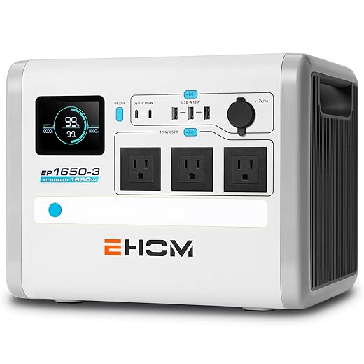 EHOM Portable Power Station, EP1650 1024Wh LiFePO4 EVE Battery Solar Generator Backup 120V AC/DC/USB, 1650W (Peak 2200W) Mobile Power Supply as Emergency Generator for RV Off-Grid Home Outdoor Camping