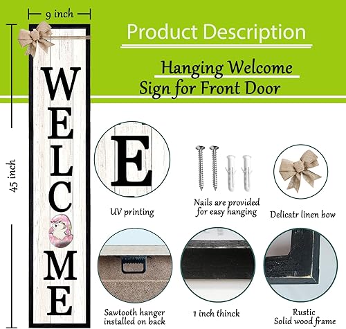 Miniatura 2 de Letrero de bienvenida intercambiable al aire libre para porche delantero, marco de madera grande de 45 x 9 pulgadas, con 12 iconos diseñados