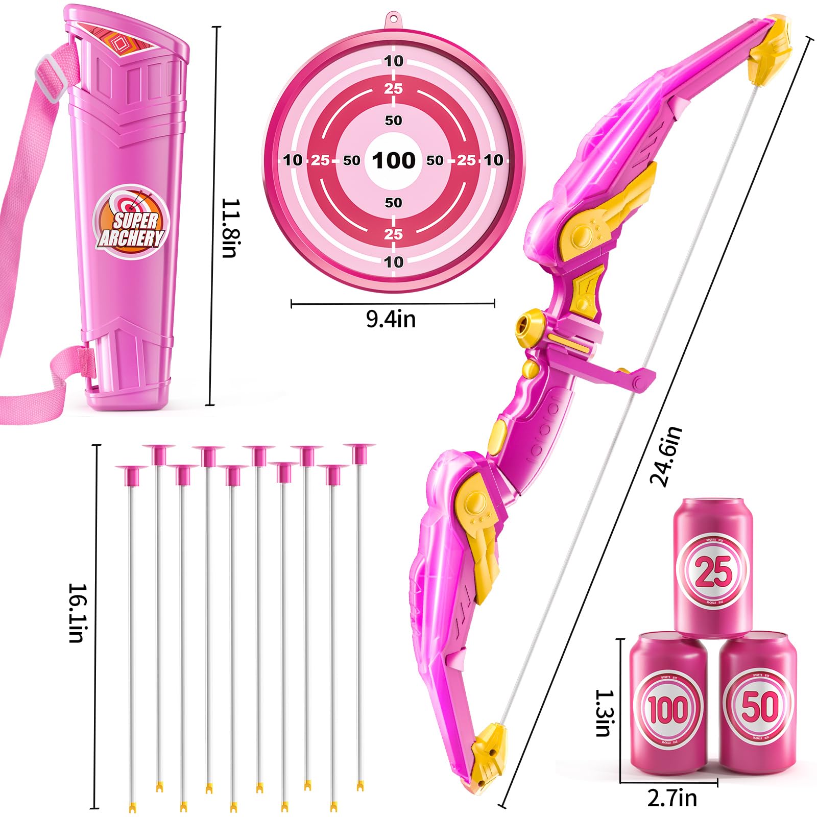 TEMI Bow and Arrow for 3 4 5 6 7 8 9 10 Year Old Kids Girls, LED Light Up Archery Toy with 10 Suction Cup Arrows, 4 Target & Quiver, Indoor Outdoor Sport Toys, Birthday Gift Toys for Kids Girls