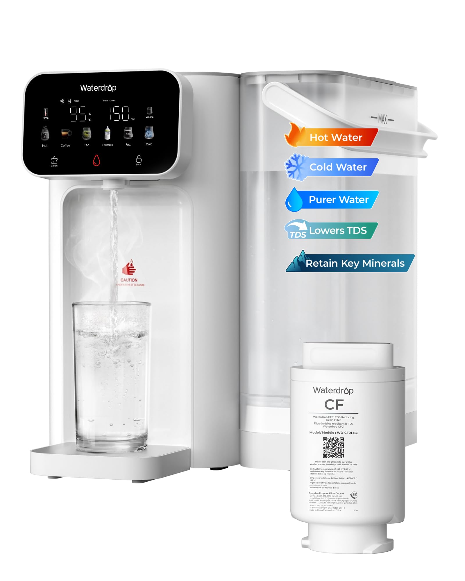 Waterdrop Ivory White Ct01 Instant Hot & Cold Filtered Water Dispenser, Reduces Tds, Limescale, Chlorine, Retain Main Minerals, 8-Stage Filtration With Uv Sterilization, Various Temperature And Cup-Size Presets