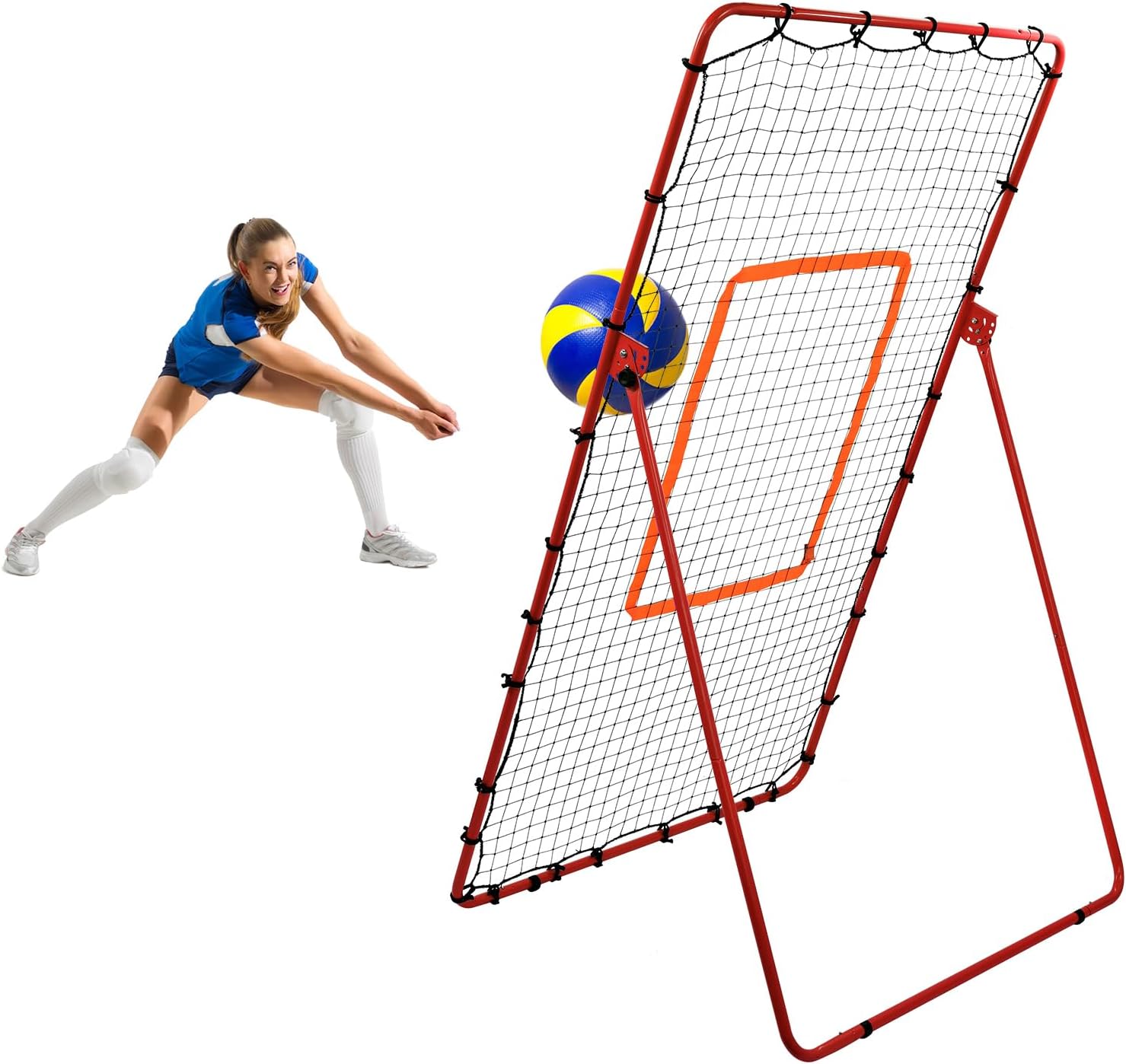 Volleyball Rebound Net 7x4ft - Baseball Softball Bounce Back Net, 5 Adjustable Angles, Iron + PE Construction, Anti - Slip Foot, for Volleyball, Baseball, Softball, Lacrosses Ball Pitching Practice