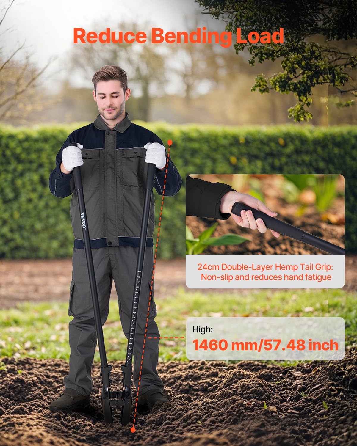 VEVOR Łyżka do otworów w ziemi 1460 mm, wytrzymała ręczna koparka z uchwytem z włókna szklanego, ręczna koparka ze znacznikami skali i metalowym ostrzem, narzędzie do kopania w ogrodzie i na zewnątrz