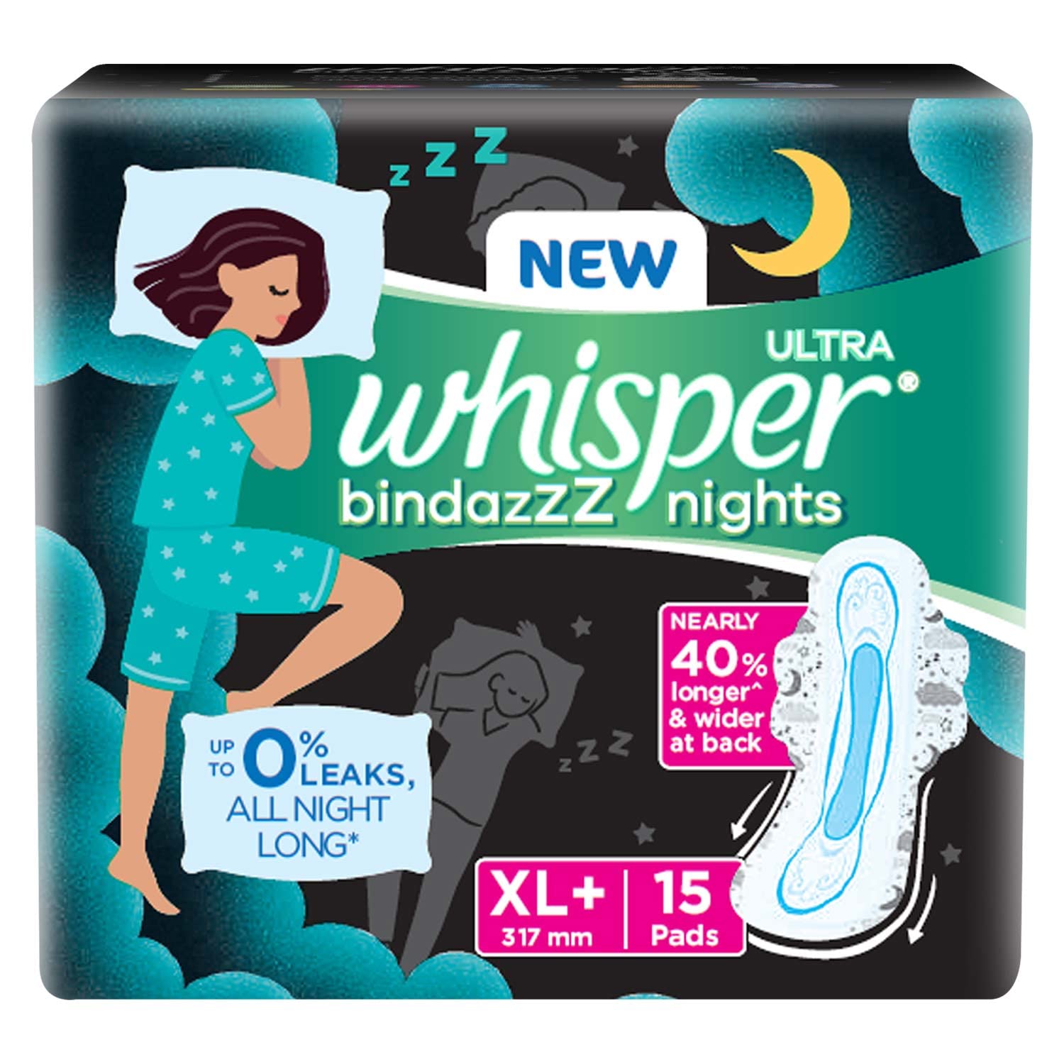 Buy Whisper Bindazzz Night Sanitary PadsPack of 15 thin PadsXL+upto
