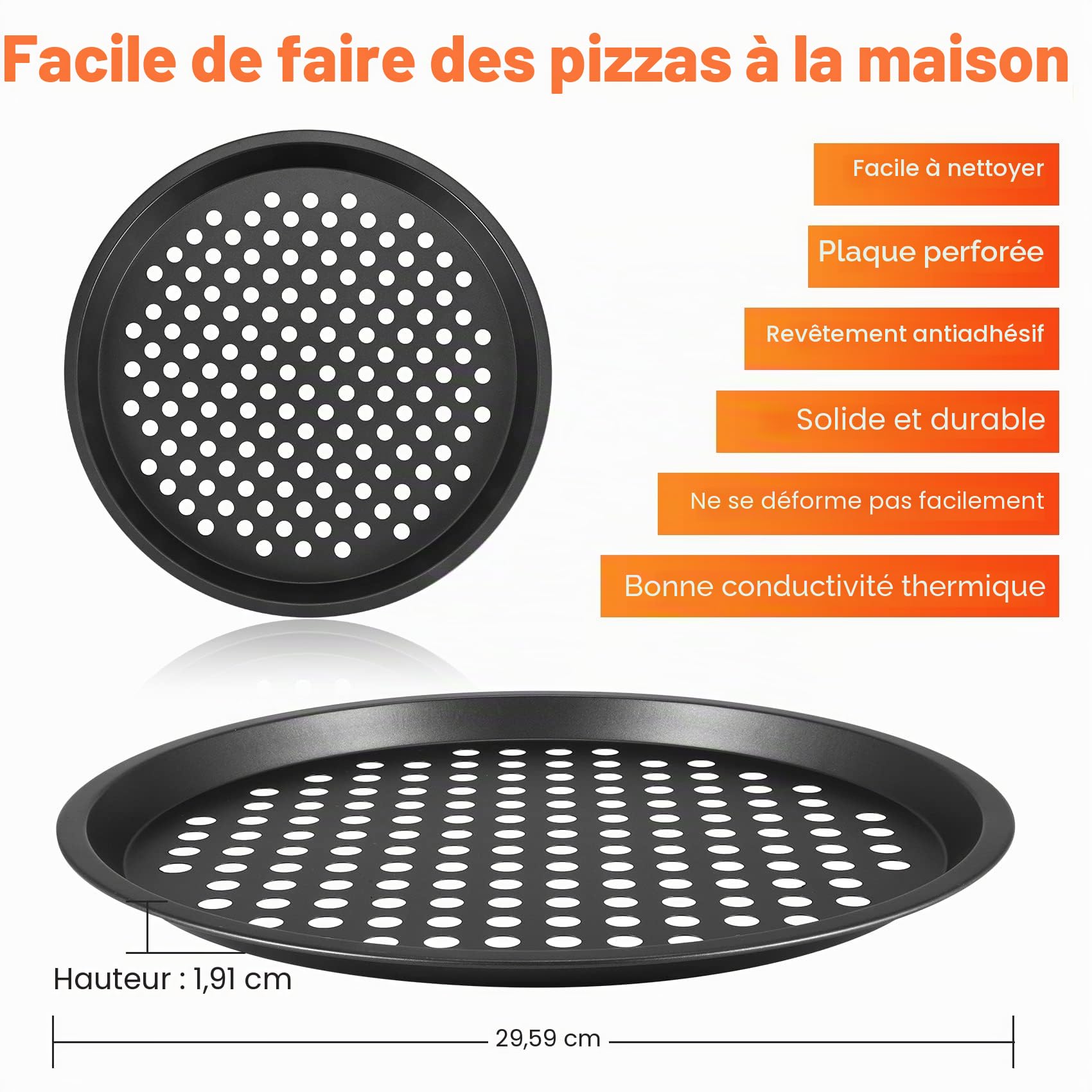 2 Pcs Moules à Pizza, Plateaux de Four à Pizza Ronds Plaque Pizza Antiadhésive en acier au Carbone, Tartes Flambées, Plaques de Cuisson pour Pizza Plat à Tarte Moule à Quiche, ∅ 28cm