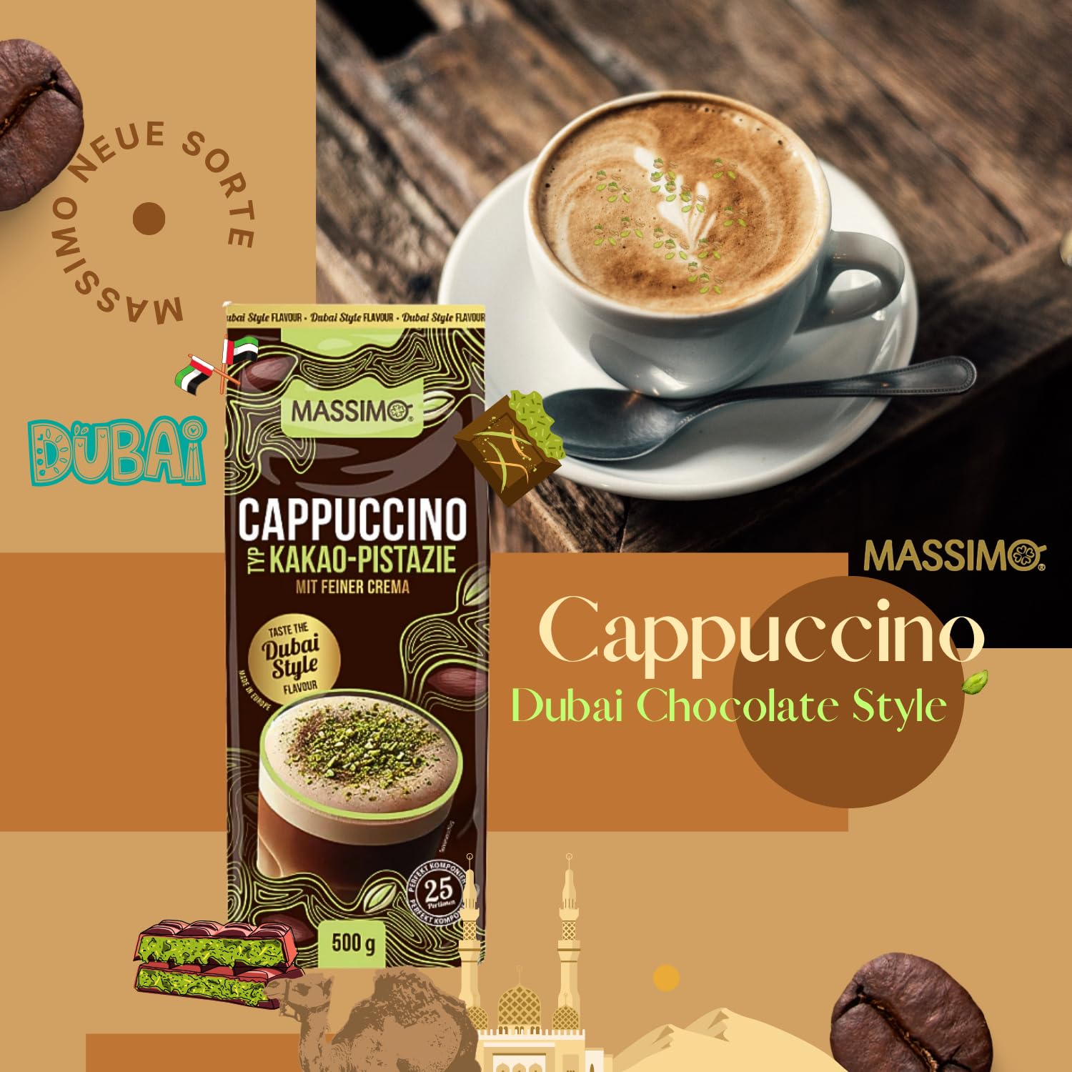 MASSIMO Tipo cappuccino Dubai Chocolate Style, 10 x 500 g, polvere istantanea per bevande con caffè istantaneo, cacao pistacchio con crema fine, contenente caffeina, preparazione rapida