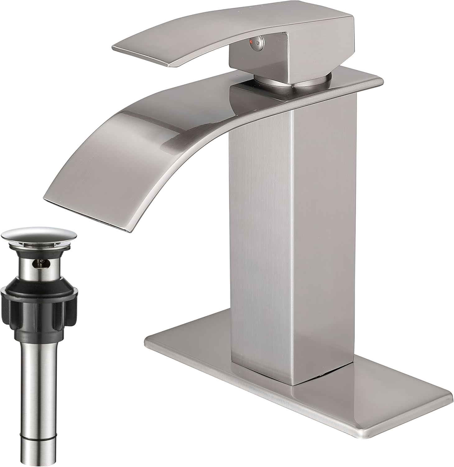VOTON Waterfall Bathroom Faucets Brushed Nickel Modern Single Handle Sink Faucet for 1 or 3 Holes with Deck Plate and Pop-Up Drain, Rv Sink Camper Farmhouse Faucet