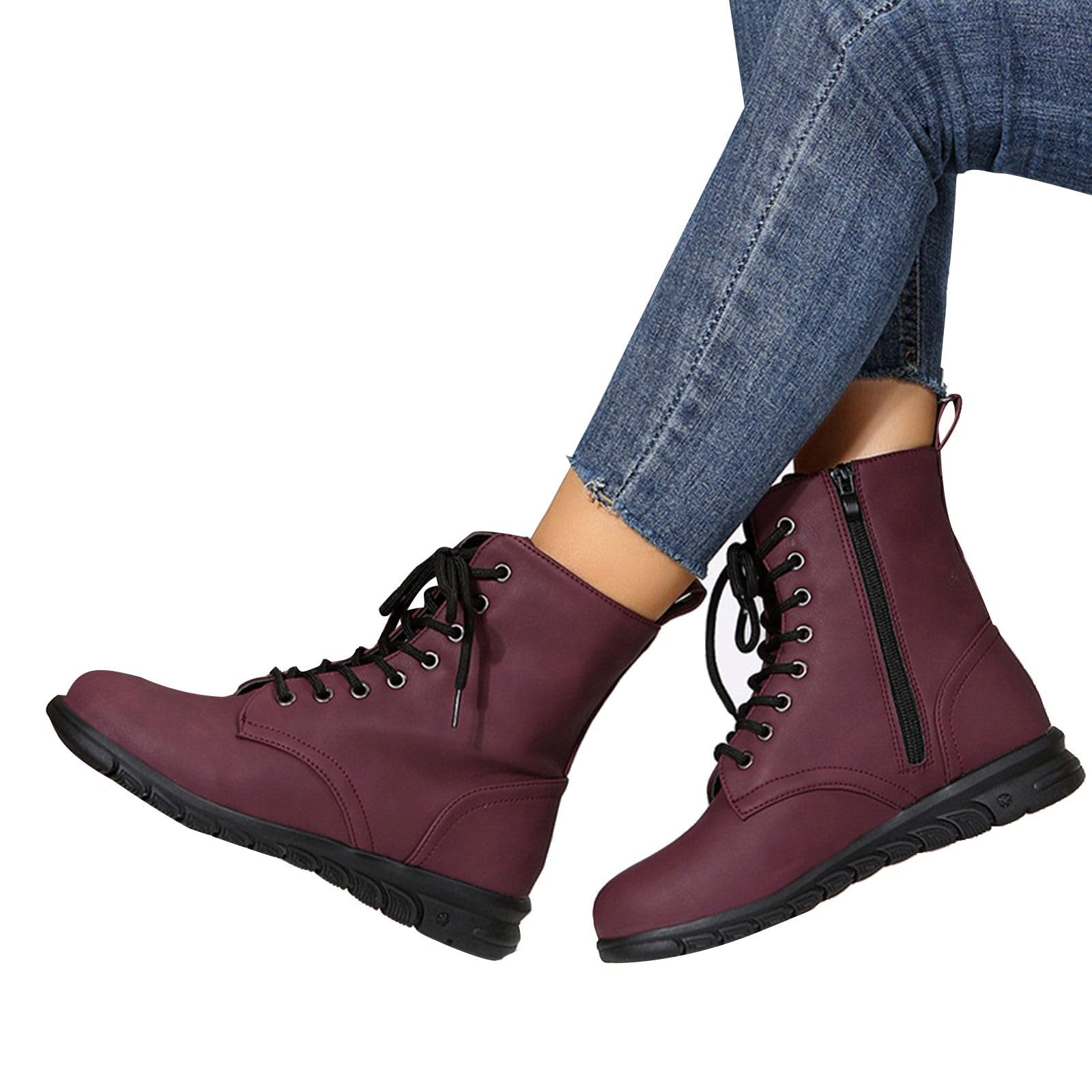 Generisch Stivali da donna per il tempo libero, in pelle, con lacci, leggeri, ortopedici, con cerniera, autunno, inverno, da donna, Colore: rosso, 38 EU