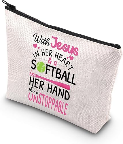 Miniatura 1 de BDPWSS Bolsa de maquillaje de softbol con Jesús en su corazón y un softbol en su mano, ella es un regalo imparable para regalo de receptor de