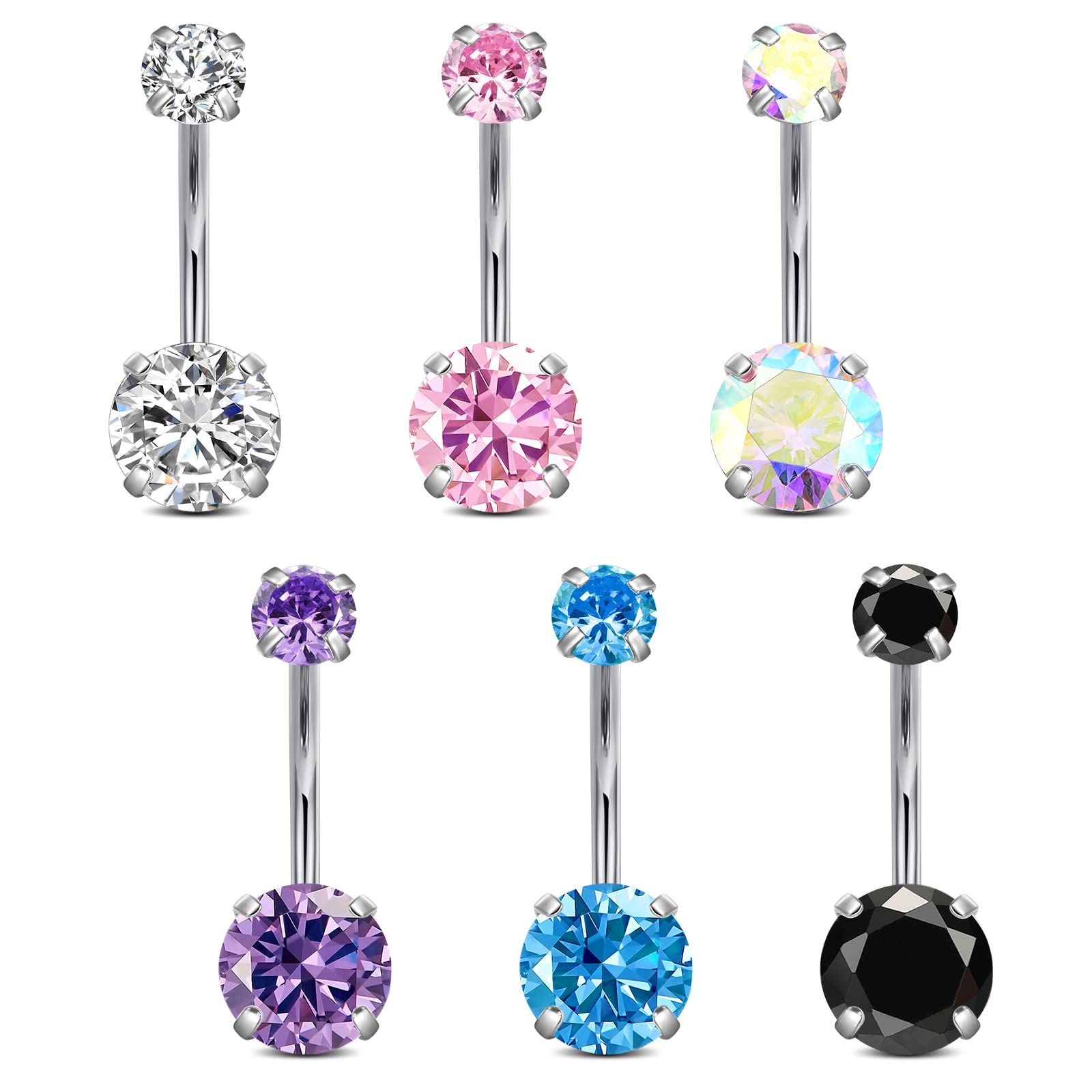 Incaton 14G Belly Button Ring Surgical Stainless Steel Round Cubic Zirconia Navel Barbell Belly Rings For Women 6/8/10/12mm