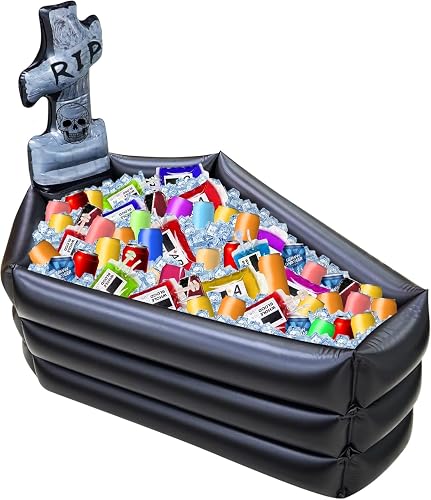 TURNMEON 43 Inch Halloween Inflatable Tombstone Coffin Drink Cooler 100+ Cans Large Capacity Halloween Party Decorations Indoor Outdoor Home Party Supplies Inflatable Serving Bar Food Drink Container