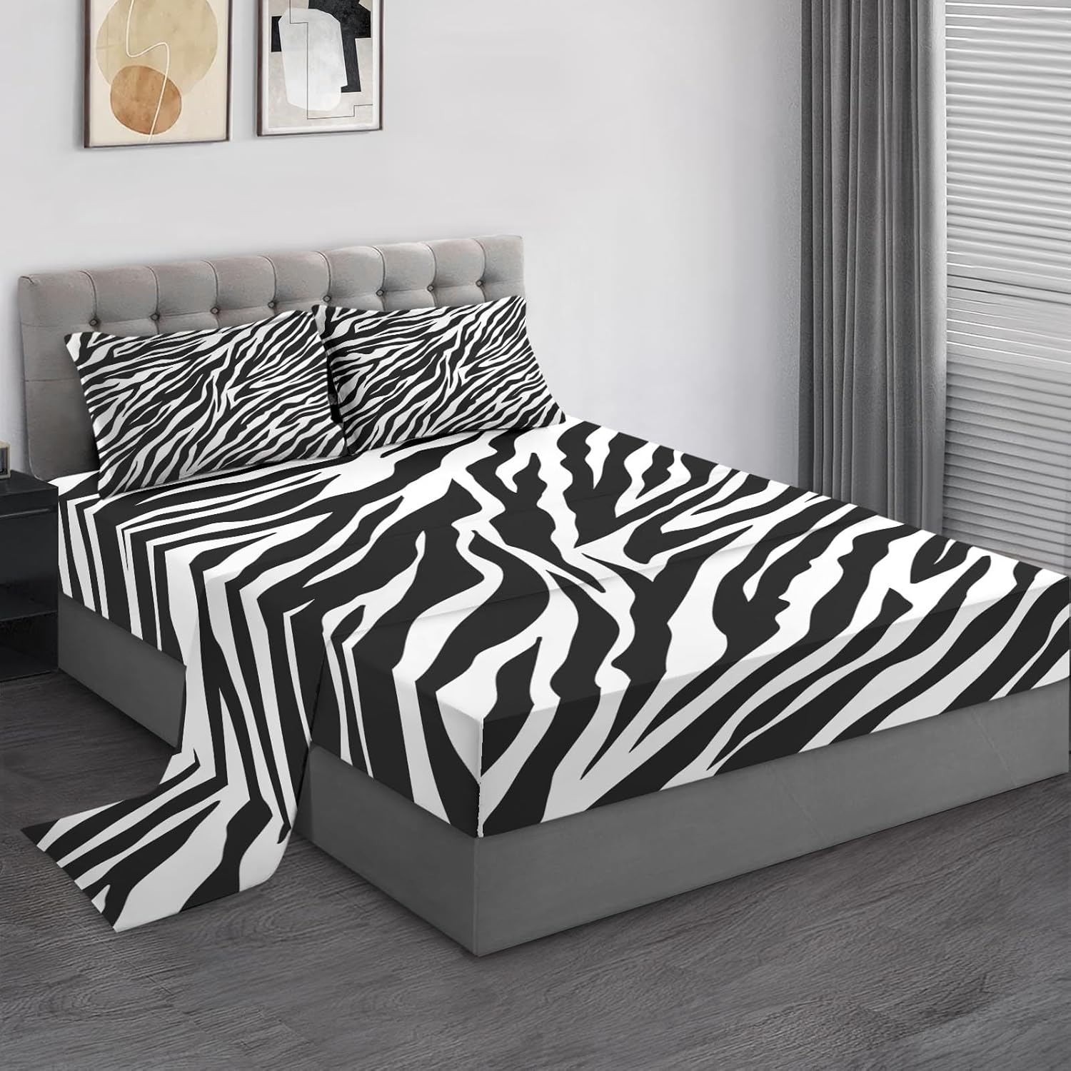 Pamnest Full Size Bed Sheet Sets, Zebra Stripe Animal Soft Microfiber 4 Pcs Bedding Sets for Kids and Adults Bedroom Bed Decor, Black White Flat, Fitted Sheet and Pillowcases