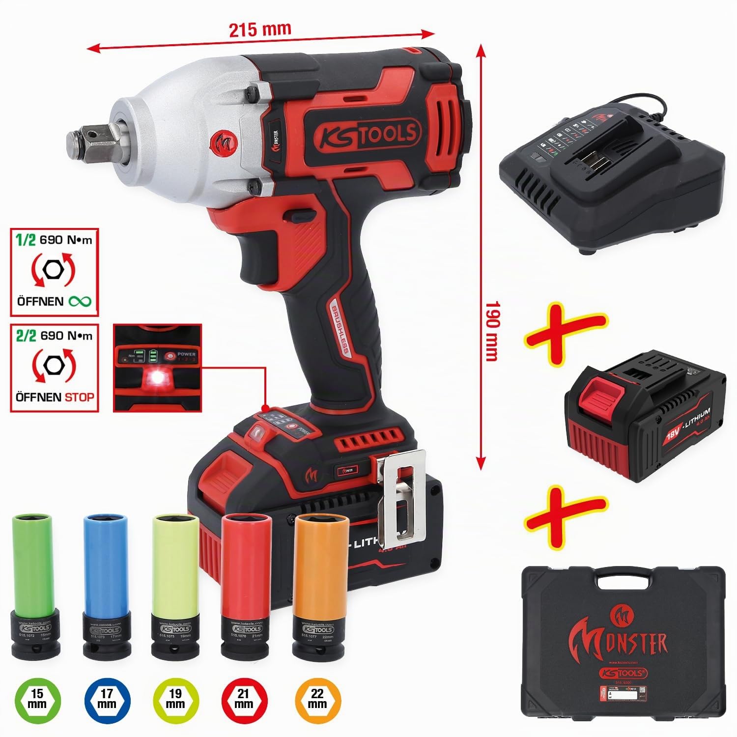 KS TOOLS eMONSTER Kit de visseuses à choc sans fil 1/2" Brushless - 9