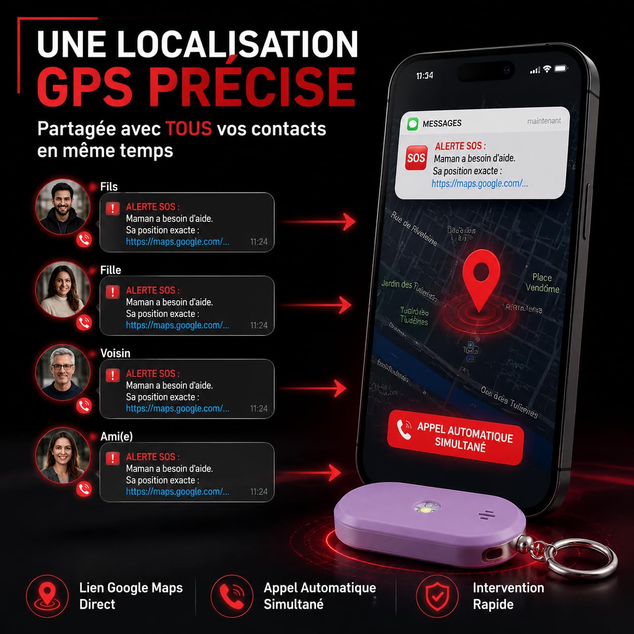 Voltek Sentinel - Alarma personal antiagresión para mujer, 130 dB, SOS ancianos y senior con SMS y GPS automático, botón de emergencia, ubicación infantil, sin aplicación iOS Android S7+, USB-C y