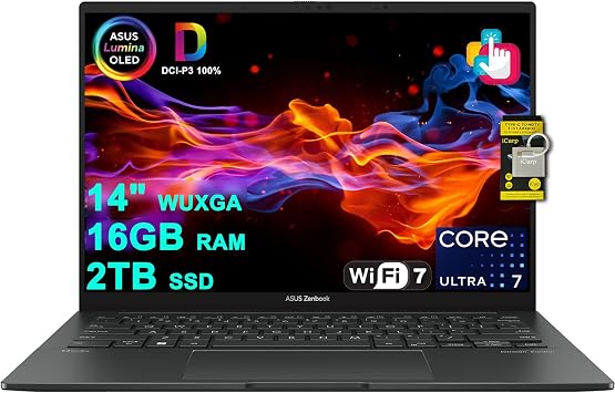 كمبيوتر محمول ASUS Zenbook 14 Creator مقاس 14 بوصة WUXGA Lumina OLED Touch 500nits HDR، 100% DCI-P3 Intel 16 Core Ultra 7 255H 13 Top 16GB RAM 2TB SSD للأعمال التجارية Win11 ICP Hub مع CopyPilot AI