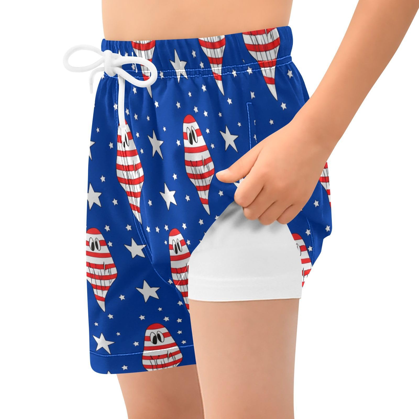 YANENDIE Boy Swim Trunks with Compression Liner Striped Ghosts Blue Boys Swim Shorts Quick Dry Beach Shorts